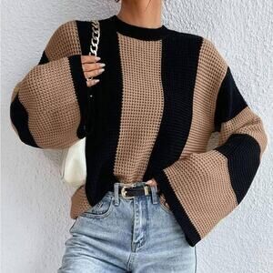 Crosa - Round Neck Color-Block Knit Sweater: BROWN / One Size